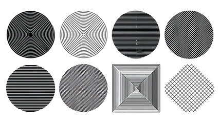 Abstract geometric texture shapes set featuring halftone lines circles square grid patterns isolated on white background vector design graphic elements © REBEKA