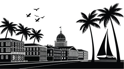 Tropical coastal city vector silhouette with colonial buildings government dome palm trees sailboat and birds isolated on white background design © REBEKA