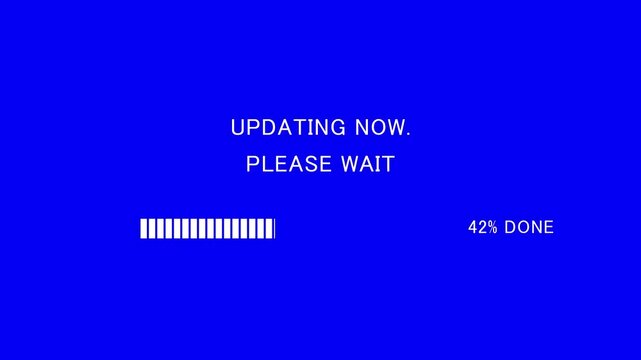 Retro TV screen showing updating now please wait message with loading bar on blue background, seamless loop