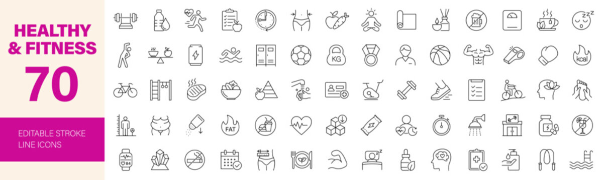 Healthy and Fitness icon set. Editable line icons. Vector illustration.