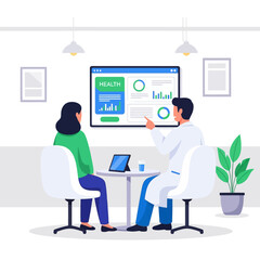Fototapeta premium Medical Consultation With Health Data Presented On Screen In Modern Office