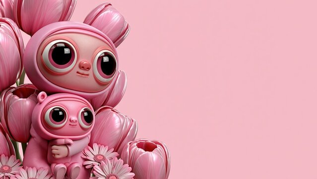 Two pink alien characters standing next to tulip blossoms.