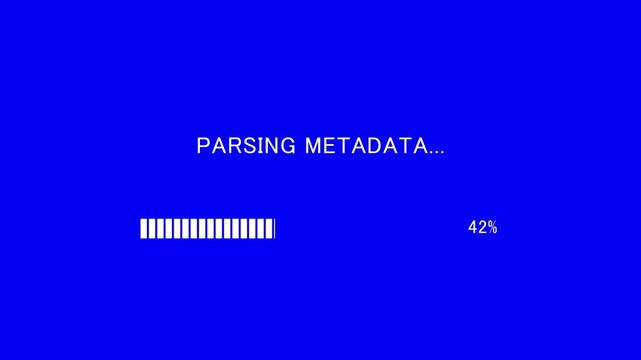 Retro TV screen showing parsing metadata message with loading bar on blue background, seamless loop