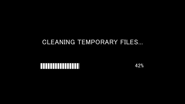 Retro TV screen showing cleaning temporary files message with loading bar on black background, seamless loop