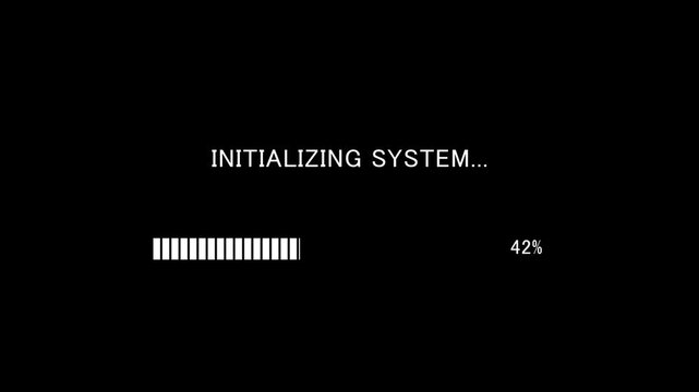 Video of loading progress bar with on-screen text initializing system on black background