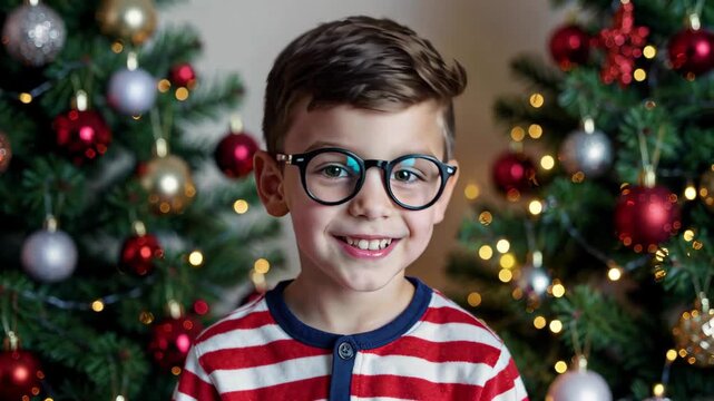 Boy with glasses and Christmas tree image Christmas boy's happiness