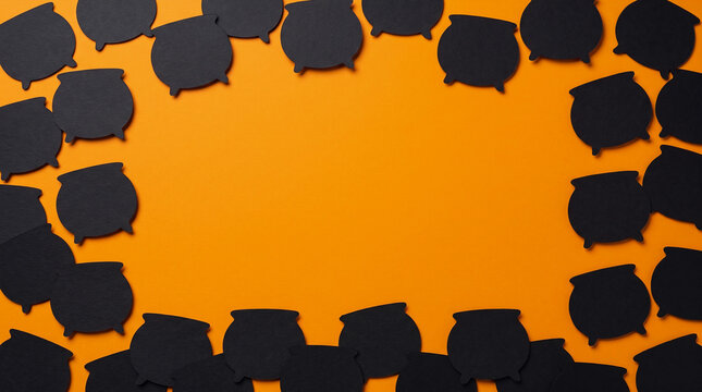 Halloween orange background featuring cauldron paper cut out border frame, copy space for spooky party invitation, greeting card, banner, poster, flyer and magical autumn seasonal design