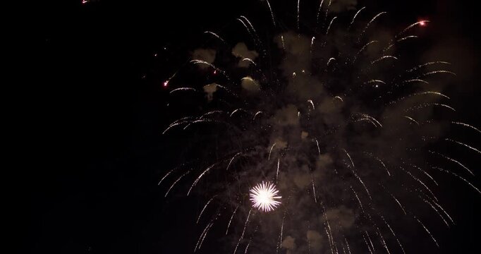 Multiple Red Firework Bursts Cascading Through Smoke-Filled Night Sky In Provo Utah