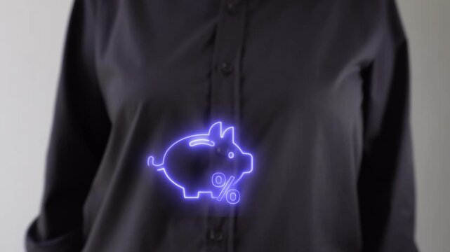 Hand gestures near a piggy bank icon with a peephole symbol. The user interacts with a digital savings symbol.