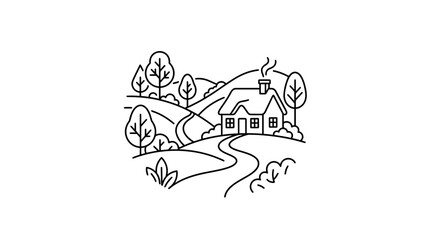 Obraz premium Charming Cottage in Rolling Hills Landscape Line Art