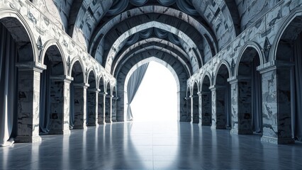 Obraz premium Marble hall features repeating arches, dark tones, bright light source. Dramatic perspective creates depth, elegant interior space.