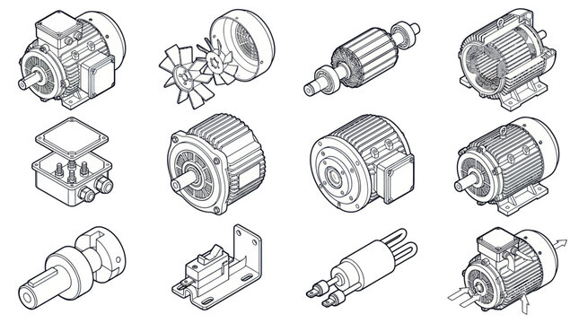 Collection of various industrial electric motors and components in detailed line art.
