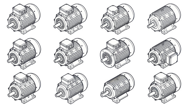 Collection of various industrial electric motors in a grid pattern.