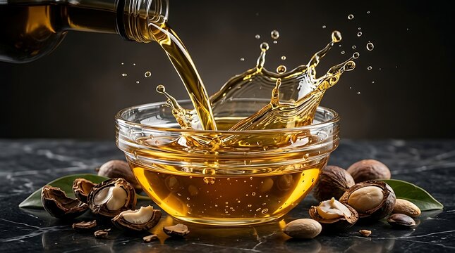 Golden argan oil pouring into a glass bowl with fresh organic nuts on a dark black stone surface. babassu