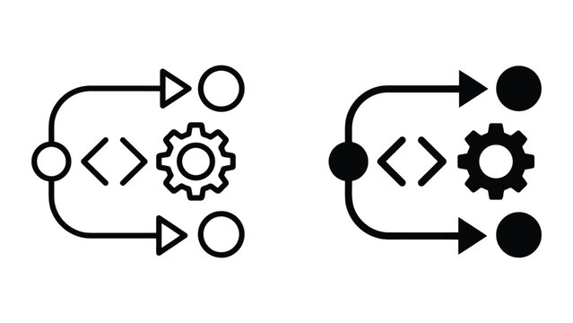 Software development workflow and code processing icons with development