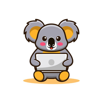 Cute cartoon koala using a laptop