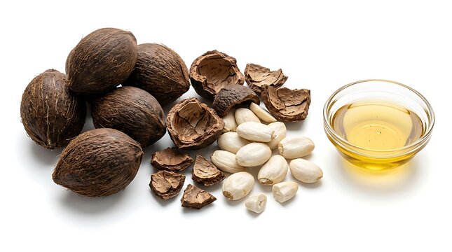 Fresh whole and cracked candlenuts with a small glass bowl of natural yellow candlenut oil extract. babassu