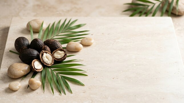 Fresh black avocados and green palm leaves arranged on a textured light grey stone surface background. babassu