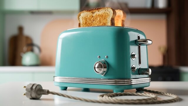 A tealcolored toaster with two slices of toasted bread on top on kitchen counter