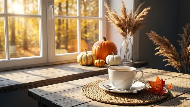 Autumnal morning with cup of coffee on wooden table by window with pumpkins outside