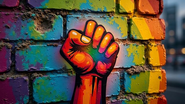 Colorful cartoon fist raised in protest against a vibrant graffiti background