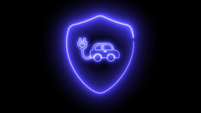 Blue neon shield glows against black background. Electric car icon pulses within the shield's glow. Protective design suggests safety for electric vehicles