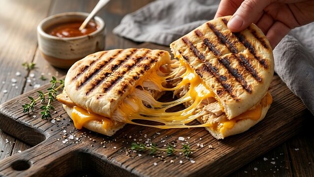 Delicious grilled chicken cheese sandwich on wooden board with sauce