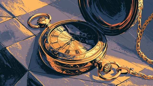 Gold antique pocket watch open on tiled surface in sunlight.