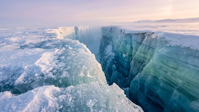 Large cracked ice floes on frozen lake or sea at sunrise or sunset