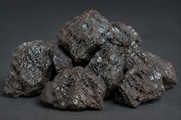 Fototapeta premium Sintered iron ore chunks with metallic sheen, industrial material close-up.