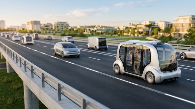 Futuristic autonomous vehicle carrying passengers on a modern smart city highway