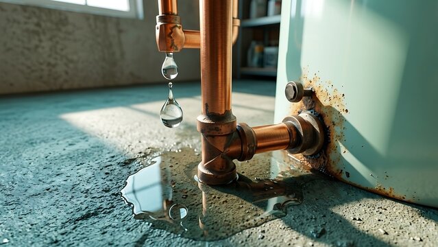 Leaky copper pipe dripping water on concrete floor in industrial room with sunlight