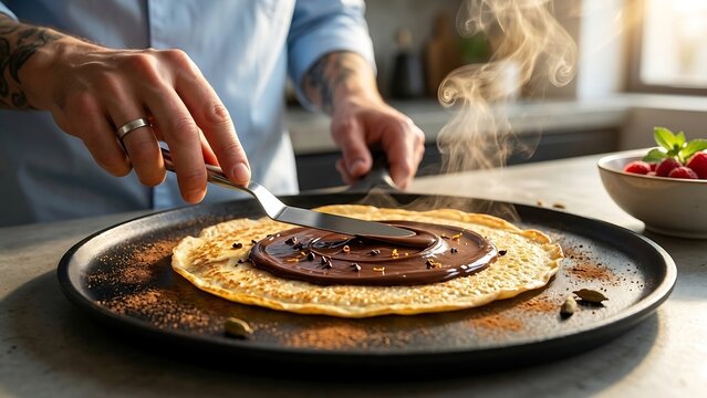 Man spreading chocolate on crepe in hot pan in kitchen