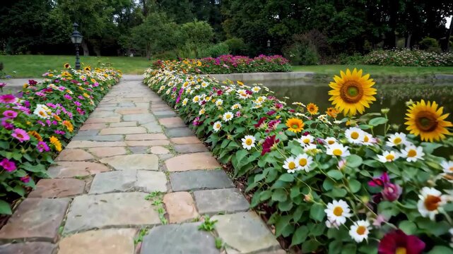 Colorful flowers along the garden flagstone path Garden path flowers in bloom