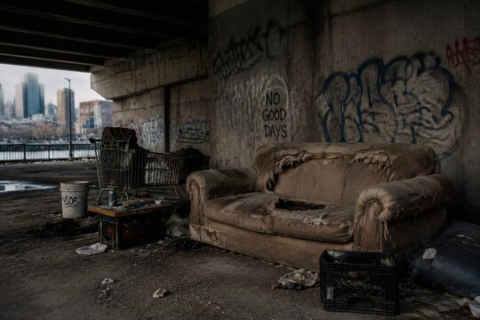Worn-out fabric sofa abandoned under a city bridge overpass.