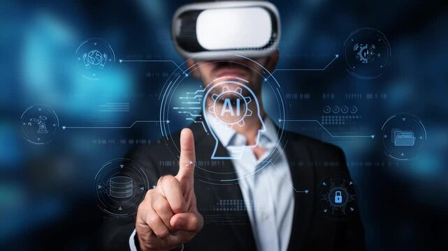 A businessman engages with virtual reality technology, depicting a modern digital landscape and concepts of artificial intelligence and data integration. Raster