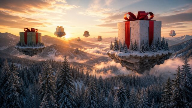 Gift boxes floating over snowy mountain landscape at sunrise with warm golden light