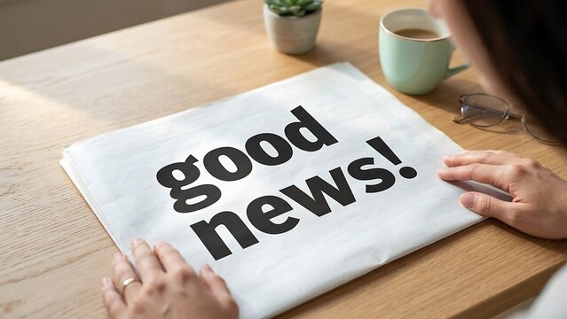 Person holding newspaper with good news on wooden table with coffee cup and plant