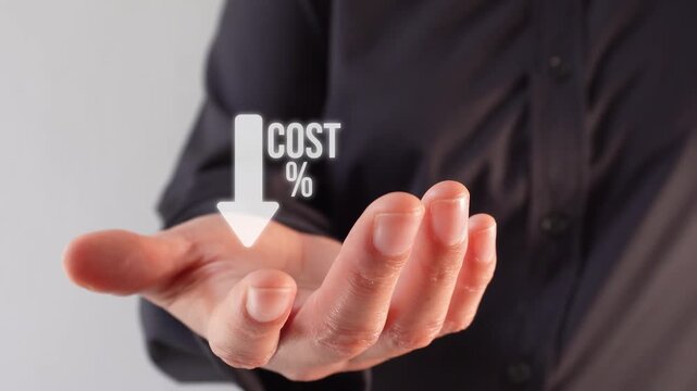 Hand gestures suggest cost reduction or savings. Person wears dark, formal shirt. Hand shows downward arrow with cost percentage. Neutral expression, no emotion shown. Ideal for business, finance