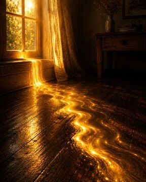 Golden Sunlight Streaming Through A Window Onto A Dark Wooden Floor In A Cozy Atmospheric Room