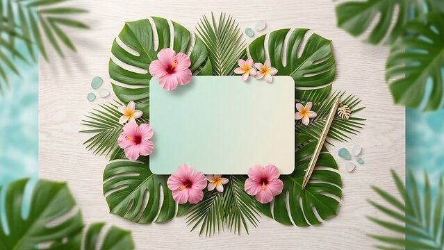 Tropical leaves and flowers surrounding blank card with gold pen on wooden surface