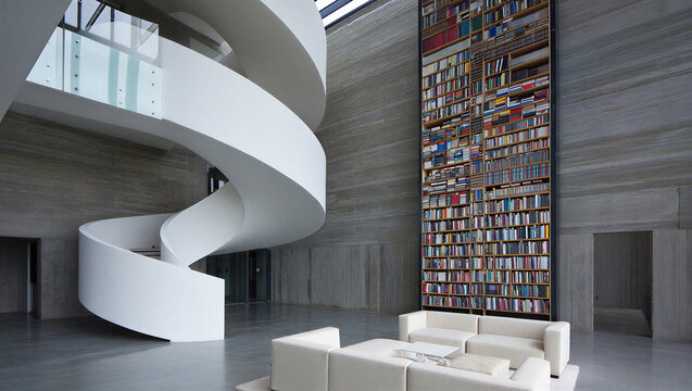 Spacious modern home library with tall spiral staircase and bookshelves interior staircase