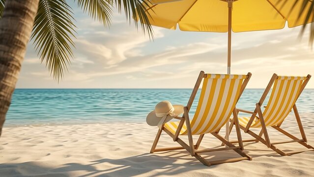 Two yellow beach chairs under a yellow umbrella on sandy beach by the sea