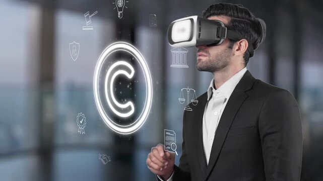 A business professional engages with virtual reality technology, surrounded by copyright symbols and digital icons that represent innovation in a modern office setting. Raster
