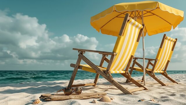 Two yellow striped beach chairs with umbrella on sandy shore by ocean waves