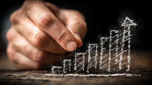 Hand drawing upward trending graph with chalk on a wooden surface