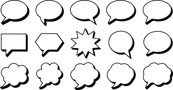 Vector illustration of comic speech and thought bubbles with oval, rectangular, starburst, and cloud shapes in black outlines