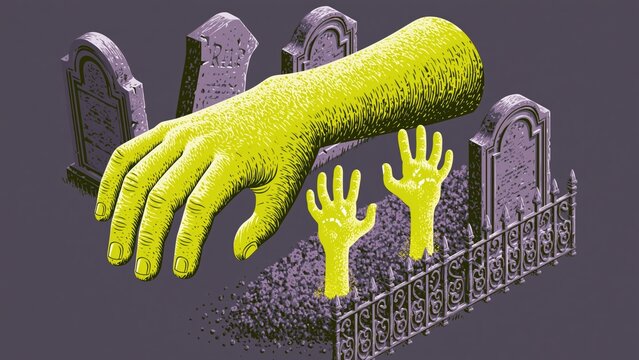 Vintage pop art giant green hand reaching from graveyard soil.