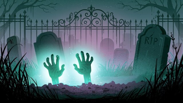 Two glowing green hands reaching from graveyard dirt at night.