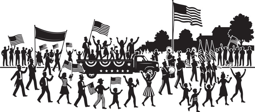 Protest March Crowd with Flags and Signs Silhouette Illustration